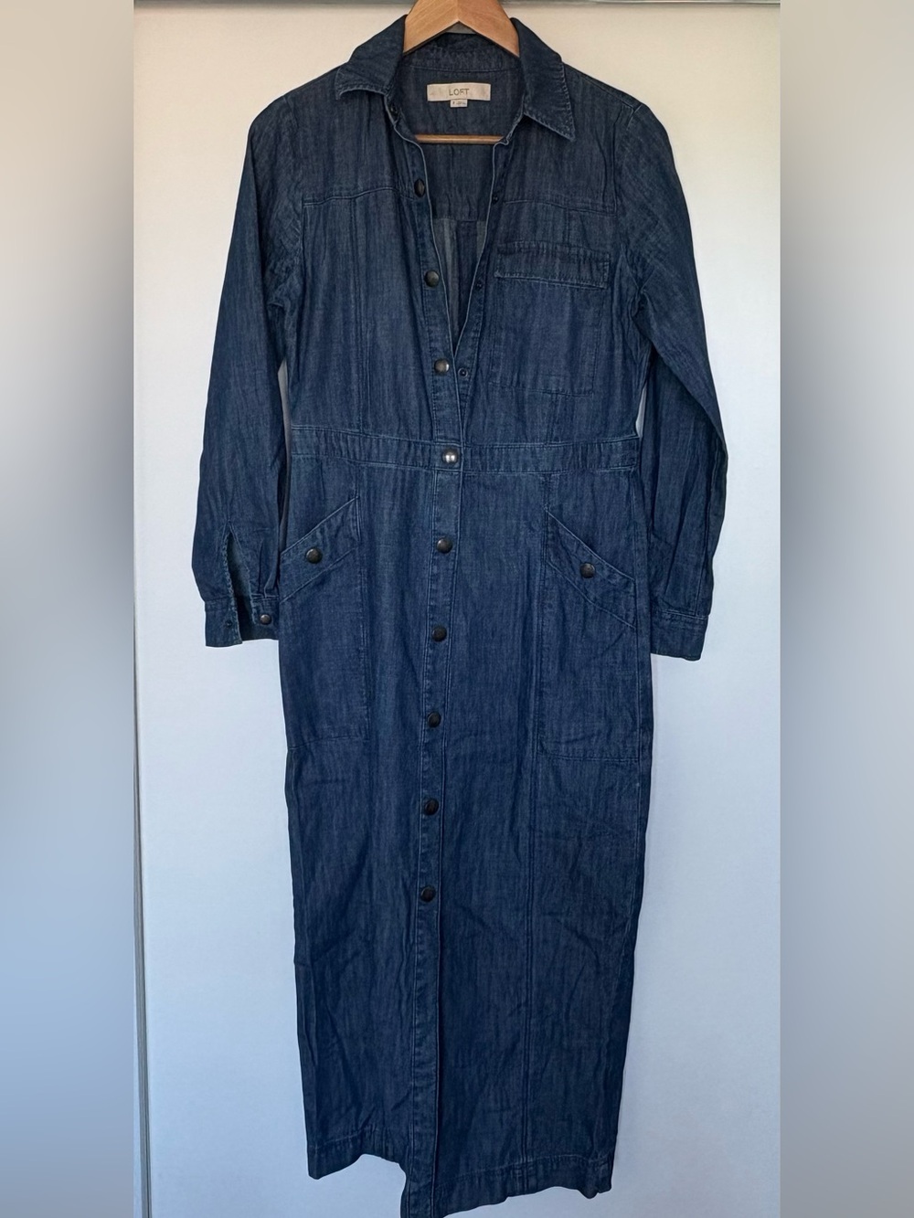 LOFT Dark Blue Denim Long-Sleeve Button-Front Maxi Dress